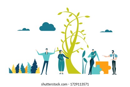 Business people standing next to green tree as symbol of growing and developing successful business.  Management, support, advisory and financial of technical service delivery  concept. 