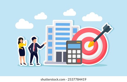 A business people standing next to an office building, target board, and calculator, illustration of explaining business performance to investors regarding business targets and financial