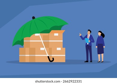 Business People Standing Next to a Stack of Boxes Protected by an Umbrella 2d flat vector illustration