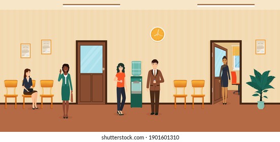 Business people standing in office corridor. Working situation with male and female employees. Office hall with doors, cooler and plant. Vector illustration. Flat design.