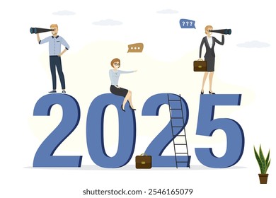 Empresários de pé em números do ano 2025. Perspectivas para o ano novo de 2025, previsões econômicas, visão futura. Oportunidade de negócios ou dificuldades futuras, relatório ou análise. Esperança para o melhor no futuro. vetor