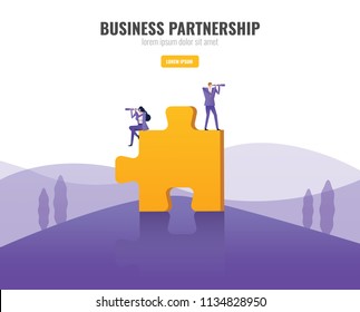 Business people standing on big puzzle and using binocular finding another puzzle piece. Business opportunity and partnership concept. vector illustration