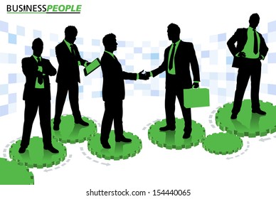 Business People standing on Cogs and Gears Business People is a  series of High End business graphics that are updated every month. Each Element is placed on a separate layer for easy to use editing.