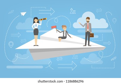 Business people standing on the flying white paper plane. Idea of success and motivation. Business growth and personal development. Planning strategy. Vector flat illustration
