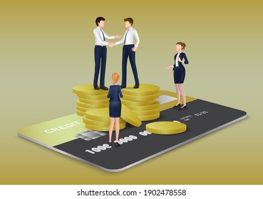 business people standing on gold coins on credit cards and shake hands and discuss business deals and a female secretary stood below,vector 3d for financial and business concept design