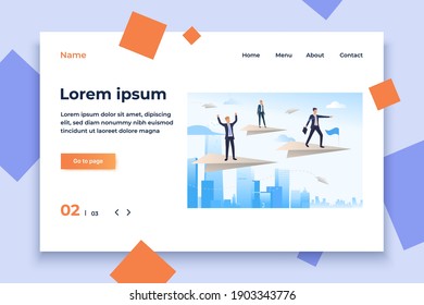 Business people standing on paper planes. Flight, city, career, success. Leadership concept. Vector illustration for topics like business, development, success