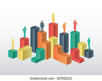 Business people standing on structure on grey background