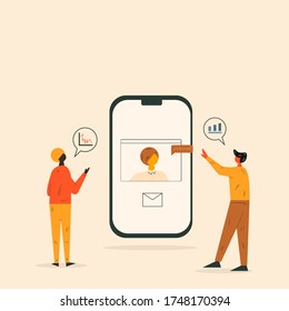 Business people standing with phone and talking. Vector illustration of online conference. Video chat concept vector flat style illustration. Online chatting concept. Teamwork concept vector 