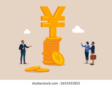 Business people  standing with pile of coins and sign Japanese Yuan. Business strategy, investment, wealth, management, marketing. Flat vector illustration