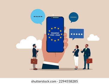 Business people standing with smartphone and roaming Free zone European Union.Success long term investment. Modern vector illustration in flat style