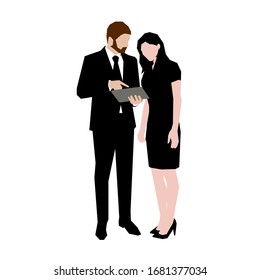 Business people standing and talking. Man holding tablet. Isolated geometric vector illustration. Flat design