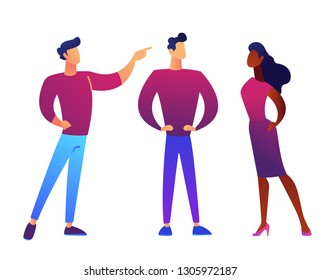 Business people standing together and discussing ideas vector illustration. Business colleagues, business meeting and conversation, coworking and communication concept. Isolated on white background.