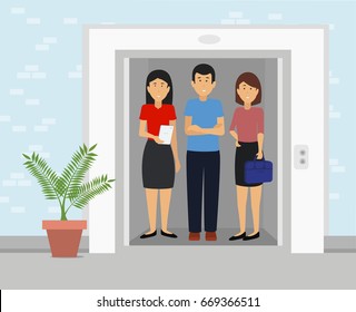 Business people standing together inside office building elevator. Successful business team going on a lift concept illustration vector.

