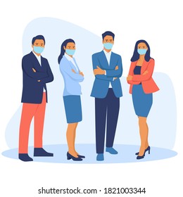 business people standing together wearing medical mask. healthcare and prevention concept. flat illustration