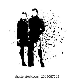 Business people standing together in winter clothing. Man and woman, isolated vector silhouette, ink drawing illustration. Front view. Young business people