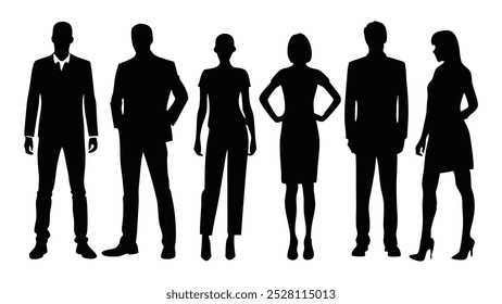 Business people standing, walking, men, women full length. Business concept silhouettes isolated flat vector illustration on white background