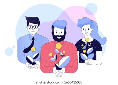 Business people, startup team working together for improving finances. A group of office workers headed by a chief. Growing money concept vector illustration