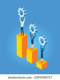 Business people stay on growth bars chart and hold up gears as a symbol of sufficient progress working together, isometric illustration