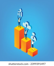 Business people stay on growth bars chart and hold up business icons as a symbol of sufficient progress working together, isometric illustration