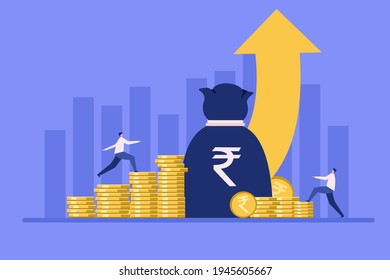 Business people stepping up on Rupee coins against a growing upward graph