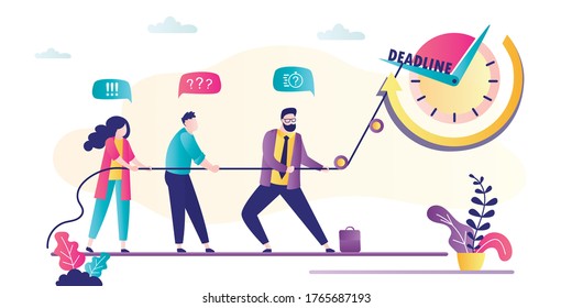 Business people stop time using rope. Big watch, deadline concept. Employees fail and don’t finish project. Teamwork, business problems. Time management banner. Flat vector illustration