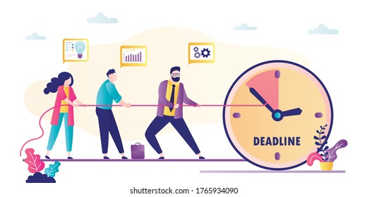 Business people stop time using rope. Big watch, deadline concept. Employees fail and don’t finish project. Teamwork, business problems. Time management banner. Trendy flat vector illustration