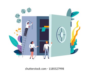 Business people and strongbox with papers isolated vector