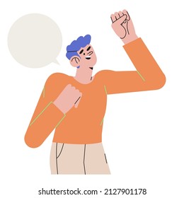 Business people, students, employees cheer up with fists up gesture and smile. Cheerful happy character support, encourage or motivate friend, colleague or coworker. Vector illustration.