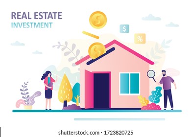 Business people studies real estate market. Gold coins falling into house. Money investment in property. Rental income concept. Mortgage, house loan, and banking. Trendy flat vector illustration