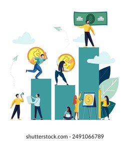 Business. Business people study financial development, currency growth columns. Dubai. A contract with an African American. Search for new ideas, teamwork, brainstorming company. Vector illustration