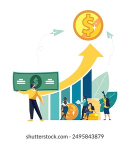 Business. Business people study financial development, histogram, gold dollar currency growth. A contract with an African American. Search ideas, teamwork, company brainstorming. Vector illustration