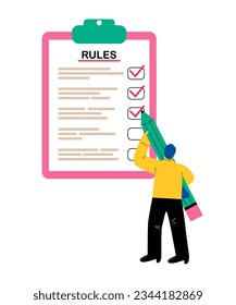 Business people study lists of rules, guidelines for reading, make checklists. Flat vector illustration isolated on white background
