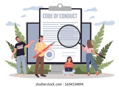 Business people studying code of conduct paper vector illustration. Office people working on company ethical integrity document on laptop screen. Code of business ethics and values