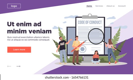 Business people studying code of conduct paper vector illustration. Office people working on company ethical integrity document on laptop screen. Code of business ethics and values