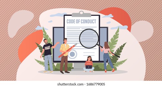 Business people studying code of conduct paper vector illustration. Office people working on company ethical integrity document on laptop screen. Code of business ethics and values - Shutterstock ID 1686779005