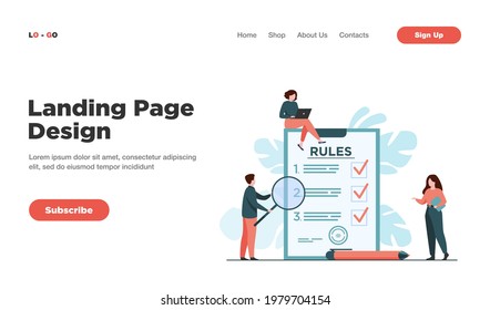 Business people studying list of rules, reading guidance, making checklist. Vector illustration for company order, restrictions, law, regulations concept