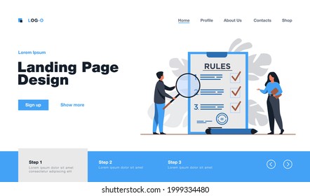 Business people studying list of rules, reading guidance, making checklist. Vector illustration for company order, restrictions, law, regulations concept