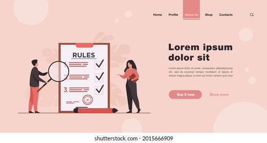 Empresarios estudiando la lista de reglas, leyendo la guía, haciendo lista de verificación. Ilustración de vectores para el orden de la empresa, restricciones, ley, concepto de regulaciones