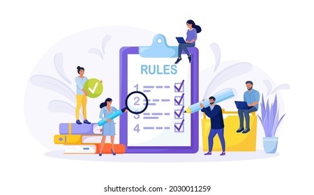 Business people studying list of rules, reading guidance, making checklist. Tiny businessmen get to know company order, restrictions, law, regulations. Vector illustration