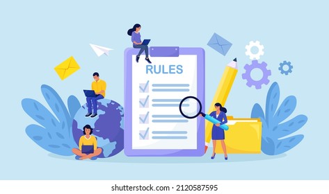 Business people studying list of rules, reading guidance, making checklist. Company order, restrictions. Rules in the document, regulations. Agreements and principles of work in office. Vector design