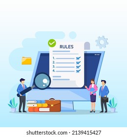 Business people studying list of rules, reading guidance, making checklist Vector illustration. 