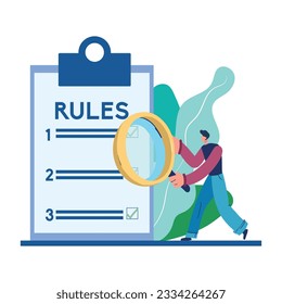Business people studying a list of rules, reading guidelines, making a checklist. Vector illustration for company order, constraints, law, regulations concept.