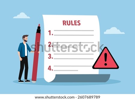Business people studying list of rules, reading guidance, making checklist. Vector illustration for company order, restrictions, law, regulations concept
