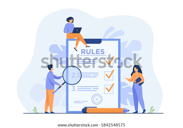 Business people studying list of
rules, reading guidance, making checklist. Vector illustration for
company order, restrictions, law, regulations
concept