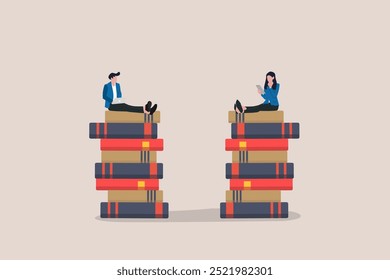 Business people studying together. Couple sitting on books with laptop computers learning and educating themselves. concept of success, opportunity and goals