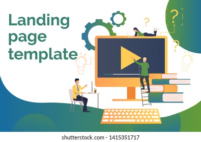 Business people studying, using computers and working. Information, knowledge, idea concept. Presentation slide template. Vector illustration for topics like business, technology, education