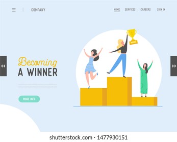 Business people success concept, leadership, achievement landing page template. Businessman character with prize, winning trophy, successful teamwork for website or web page. Vector illustration