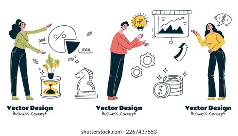 Business people success teamwork startup doodle line style concept. Graphic design vector illustration