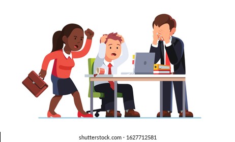 Business people suffering loss due to managers mistake. Team emotional outburst, supervisor screaming anger, worker tearing hair, crying in despair looking at office laptop. Flat vector illustration svg