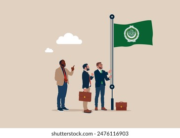 Business people in suit, male raising waving flag of Arab League. Vector illustration.